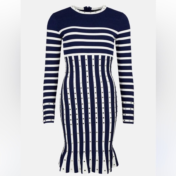 Karen Millen Studded Striped Peplum Knit Dress Size S In Navy Blue And White Karen Millen Studded Striped Peplum Knit Dress Size S In Navy Blue And White